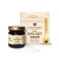 UPAKARMA Pure Shilajit Resin 40g packaging with scoop