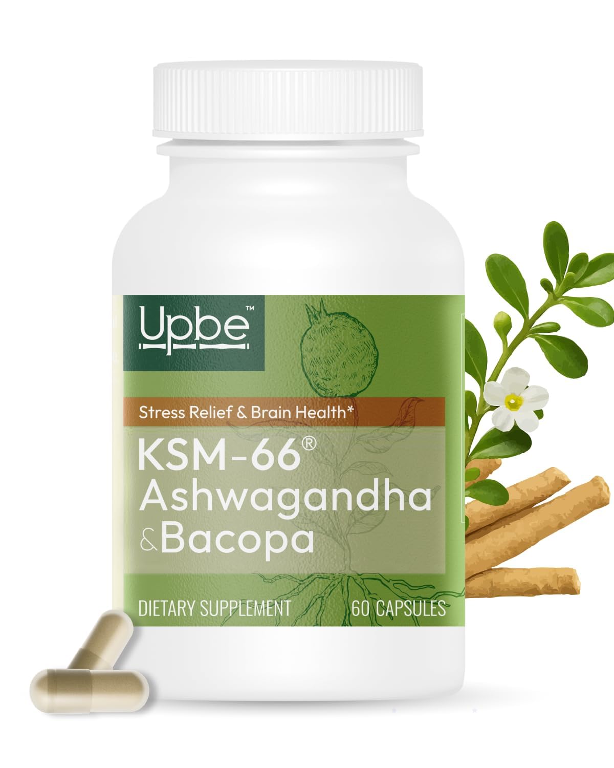 Upbe Ashwagandha bottle with KSM-66, Bacopa and Milk Thistle – 60 vegan capsules (hero image)