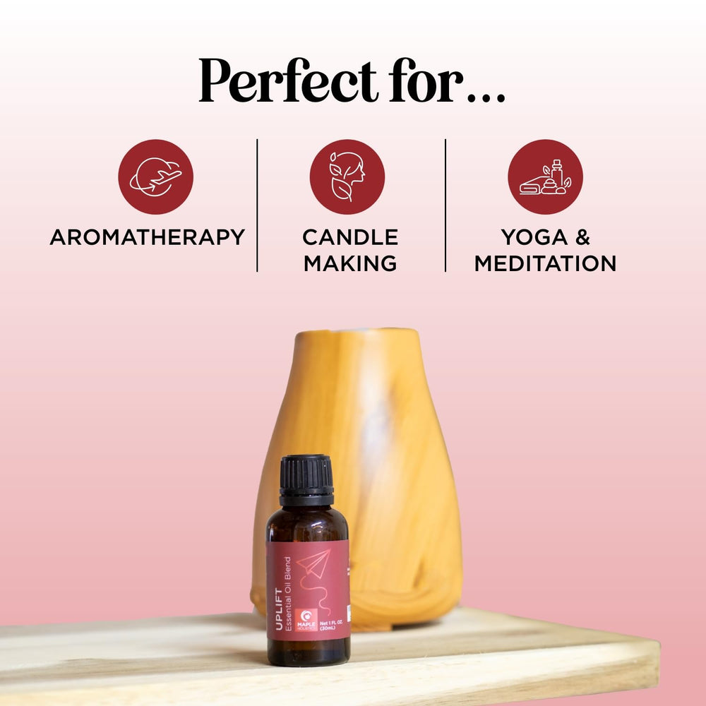 Close-up of Uplift essential oil blend label for diffuser use