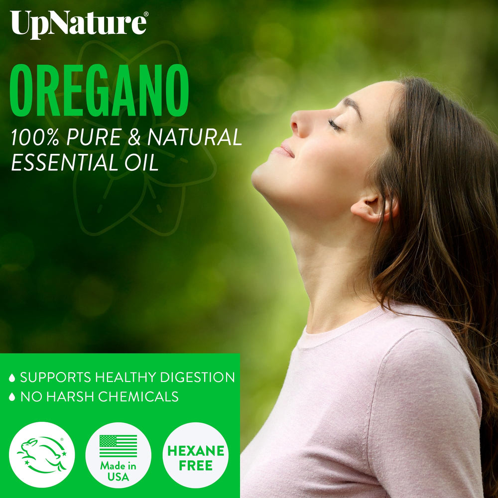 Close-up of UpNature oregano oil label