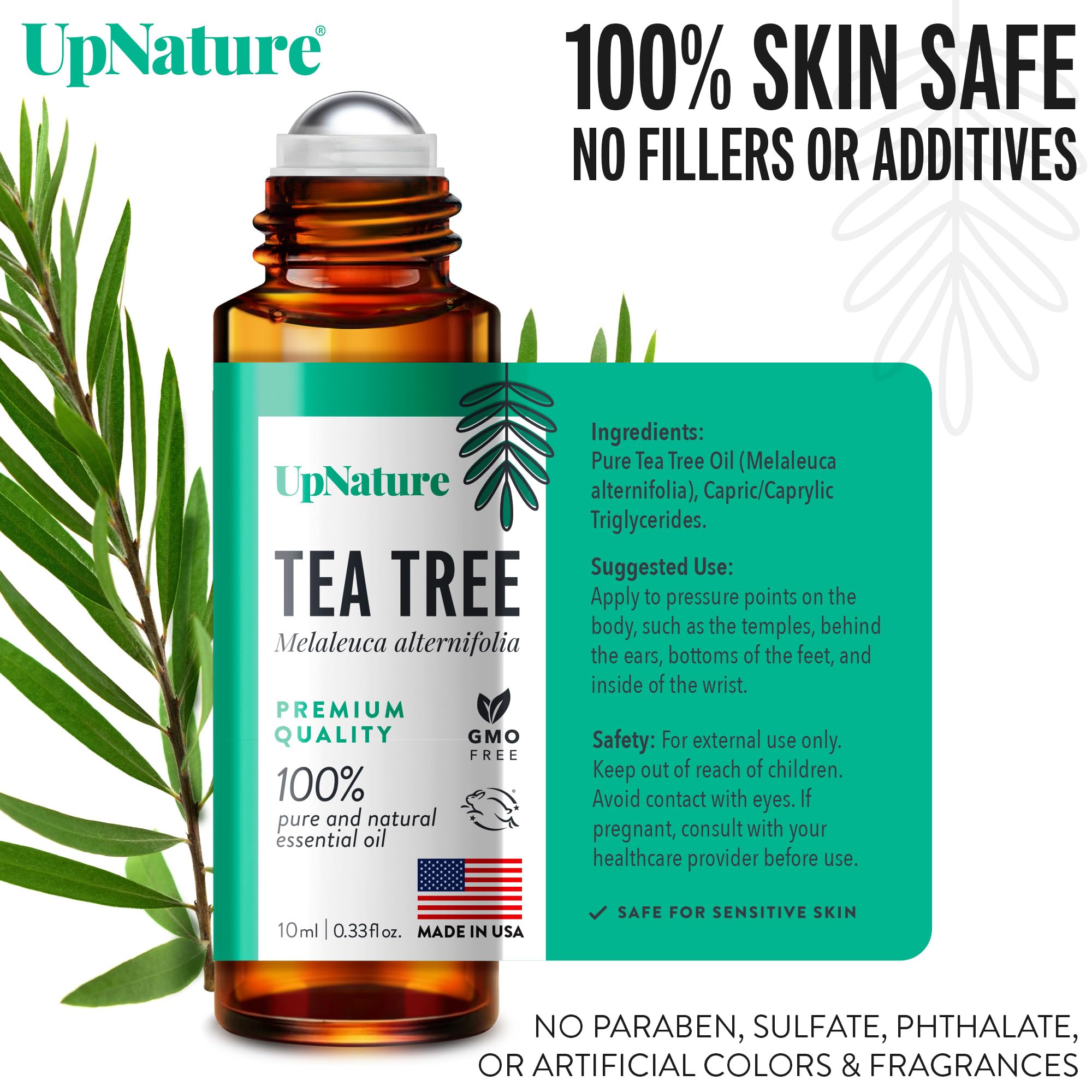 Front label of UpNature Tea Tree Essential Oil Roll-On