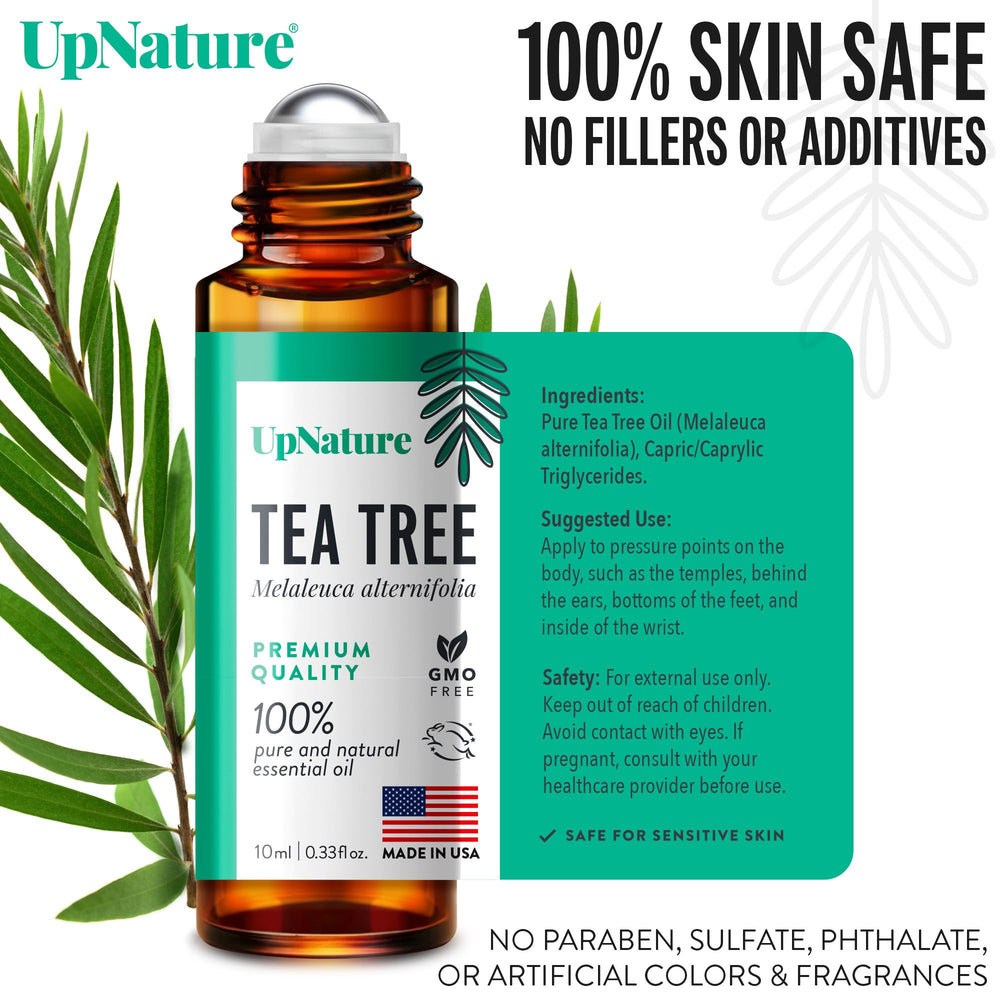 Front label of UpNature Tea Tree Essential Oil Roll-On