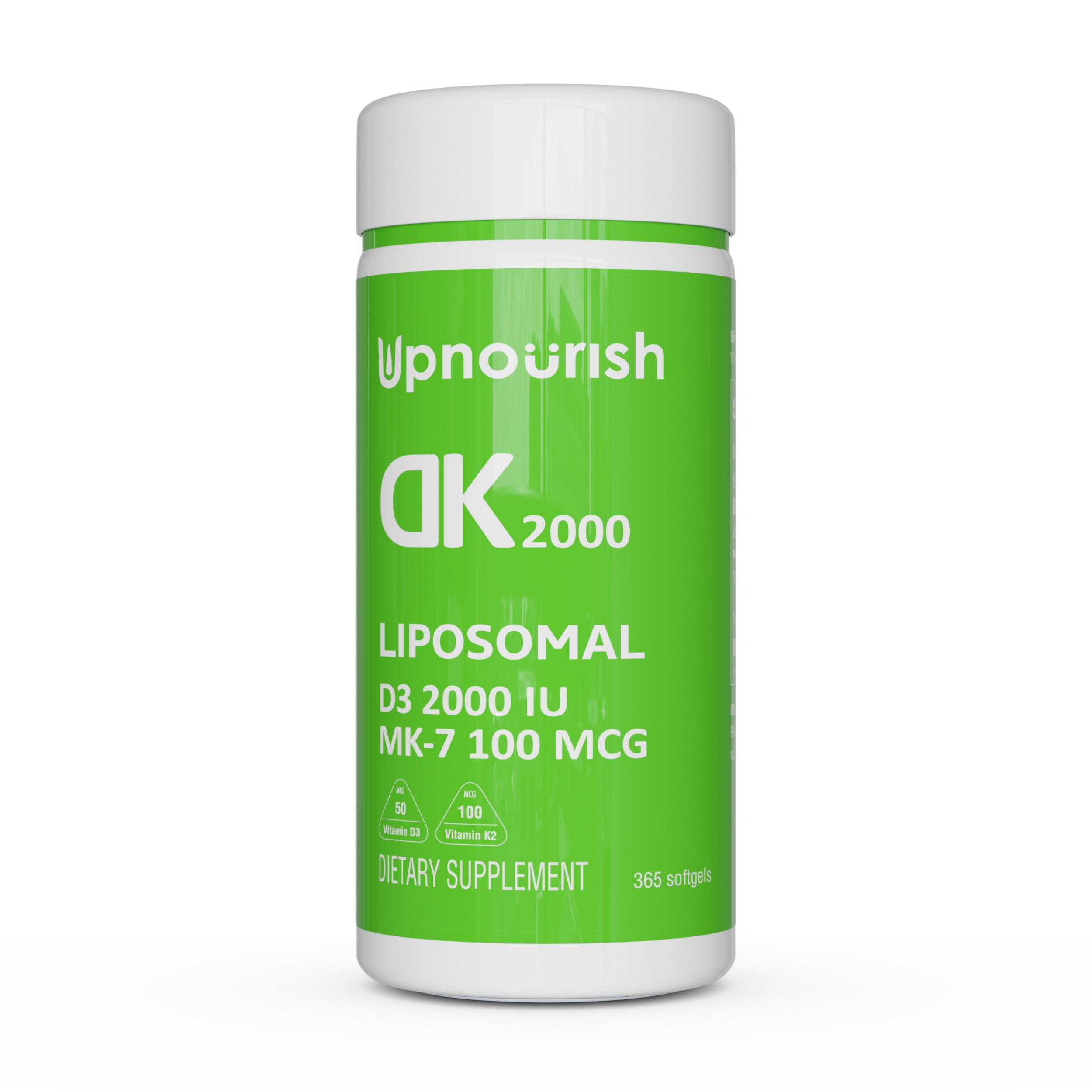 UpNourish liposomal Vitamin D3 2000 IU and K2 MK-7 100 mcg softgels in bottle