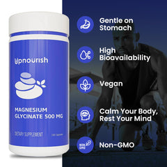 Product label on UpNourish Magnesium Glycinate Chelate 500mg capsules bottle