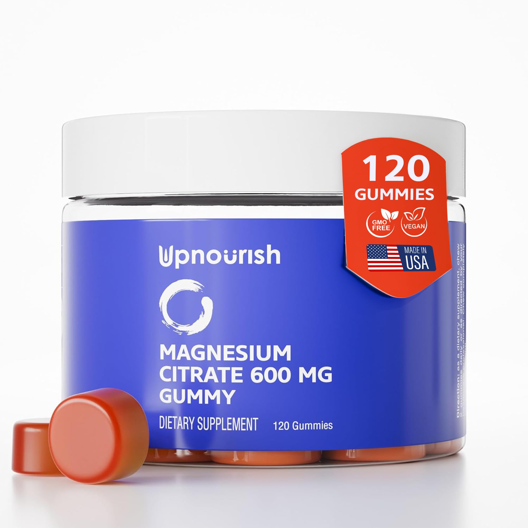 Front label of UpNourish Magnesium Gummies bottle showing 600mg per gummy