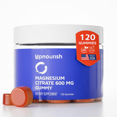 Front label of UpNourish Magnesium Gummies bottle showing 600mg per gummy