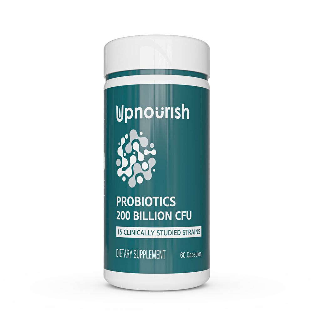 Front view of UpNourish Probiotics bottle with 60 vegan capsules