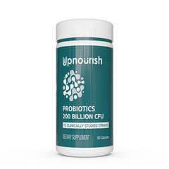Front view of UpNourish Probiotics bottle with 60 vegan capsules