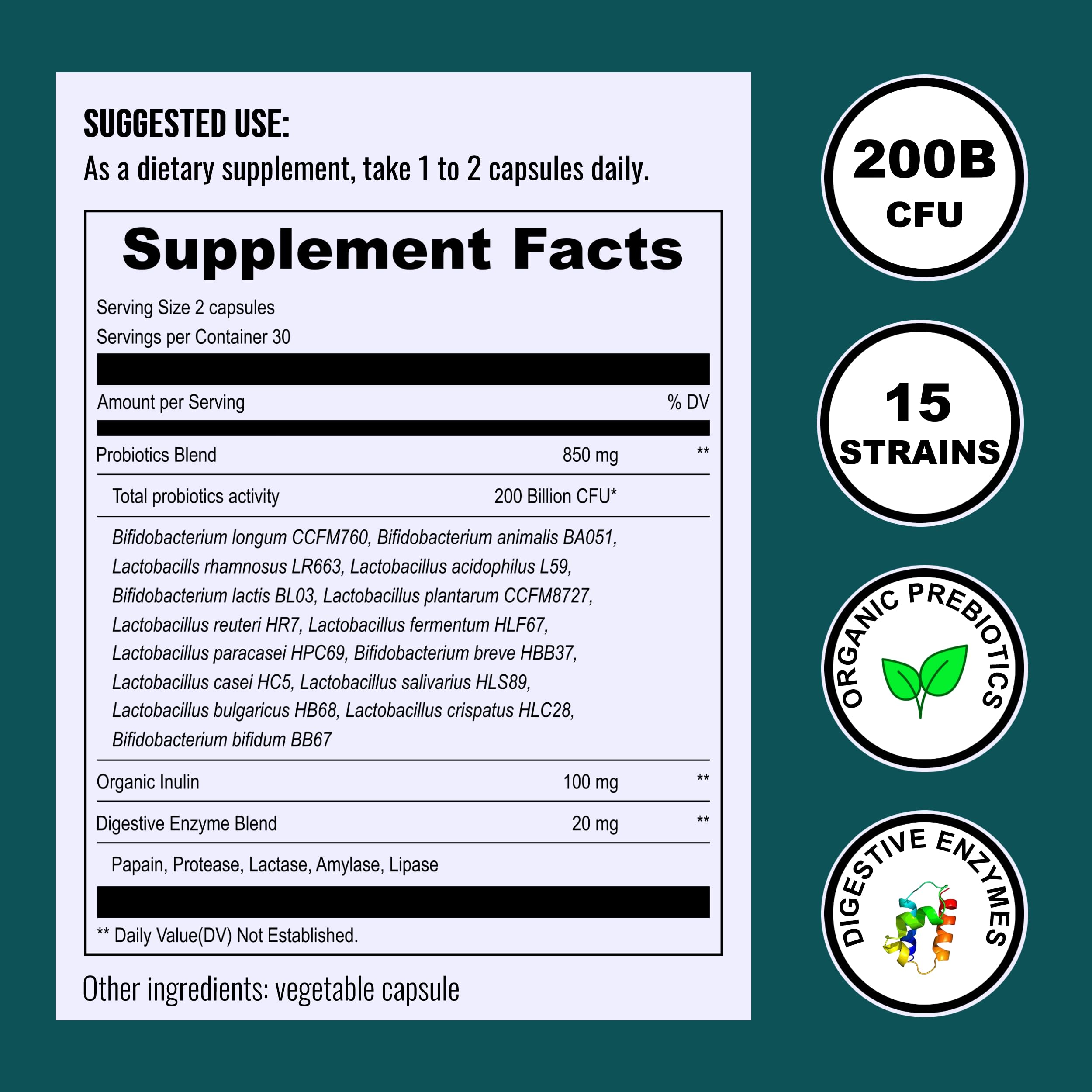 Back label of UpNourish Probiotics bottle showing nutrition facts