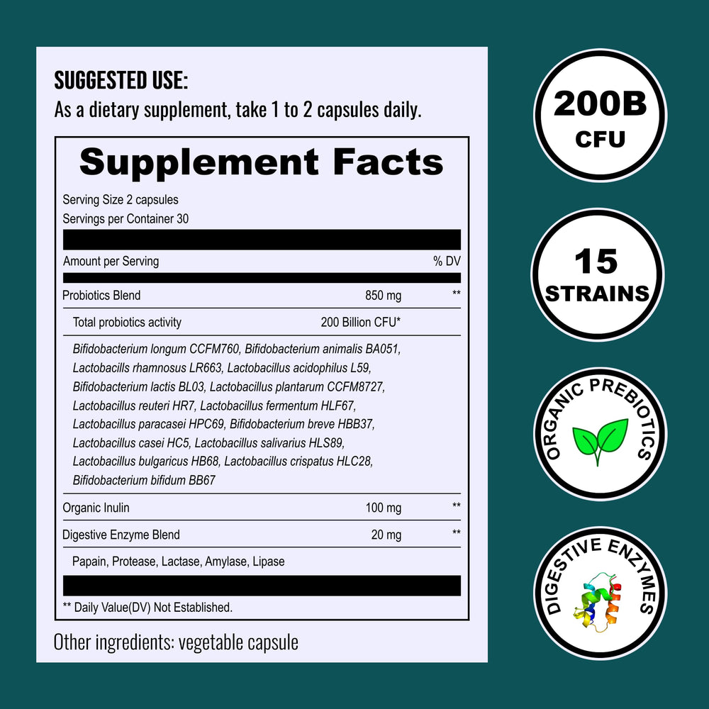 Back label of UpNourish Probiotics bottle showing nutrition facts