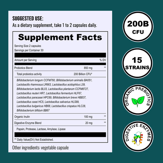 Back label of UpNourish Probiotics bottle showing nutrition facts