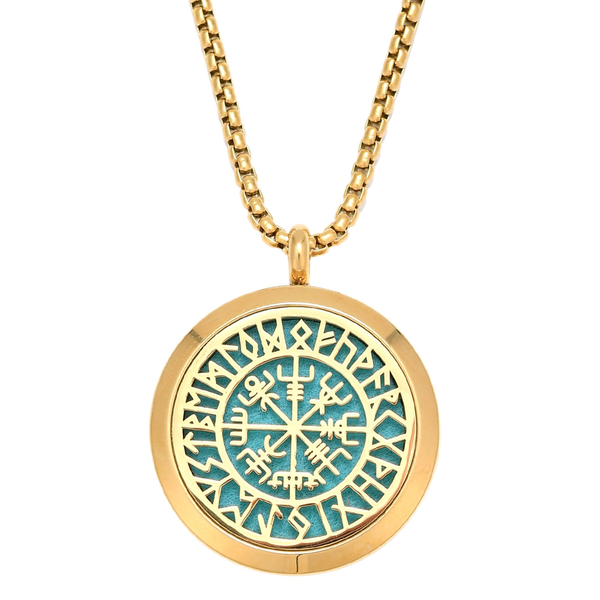 Upper Norse Vikings Amulet diffuser necklace gold pendant shown for aromatherapy on the go