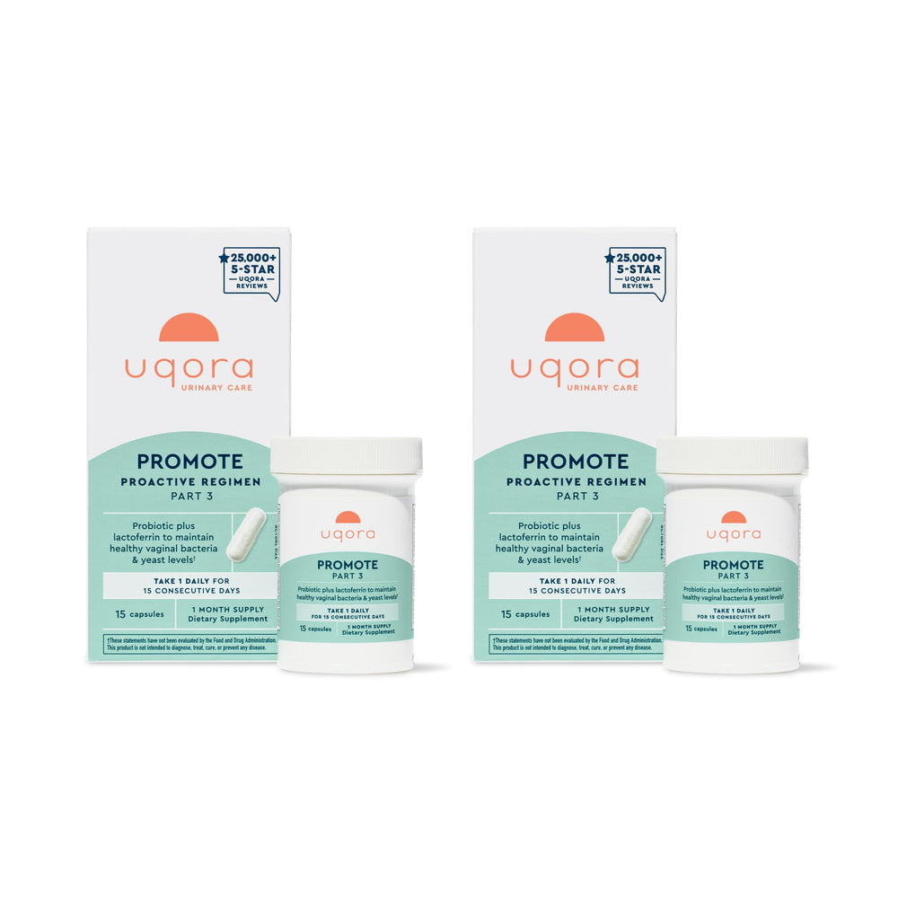 Uqora Promote bottle front shows gluten-free probiotic for vaginal health support.