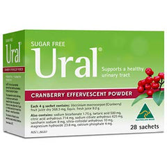 Ural Cranberry Effervescent Powder 28-sachet pack with 4 g sachets, cranberry flavor
