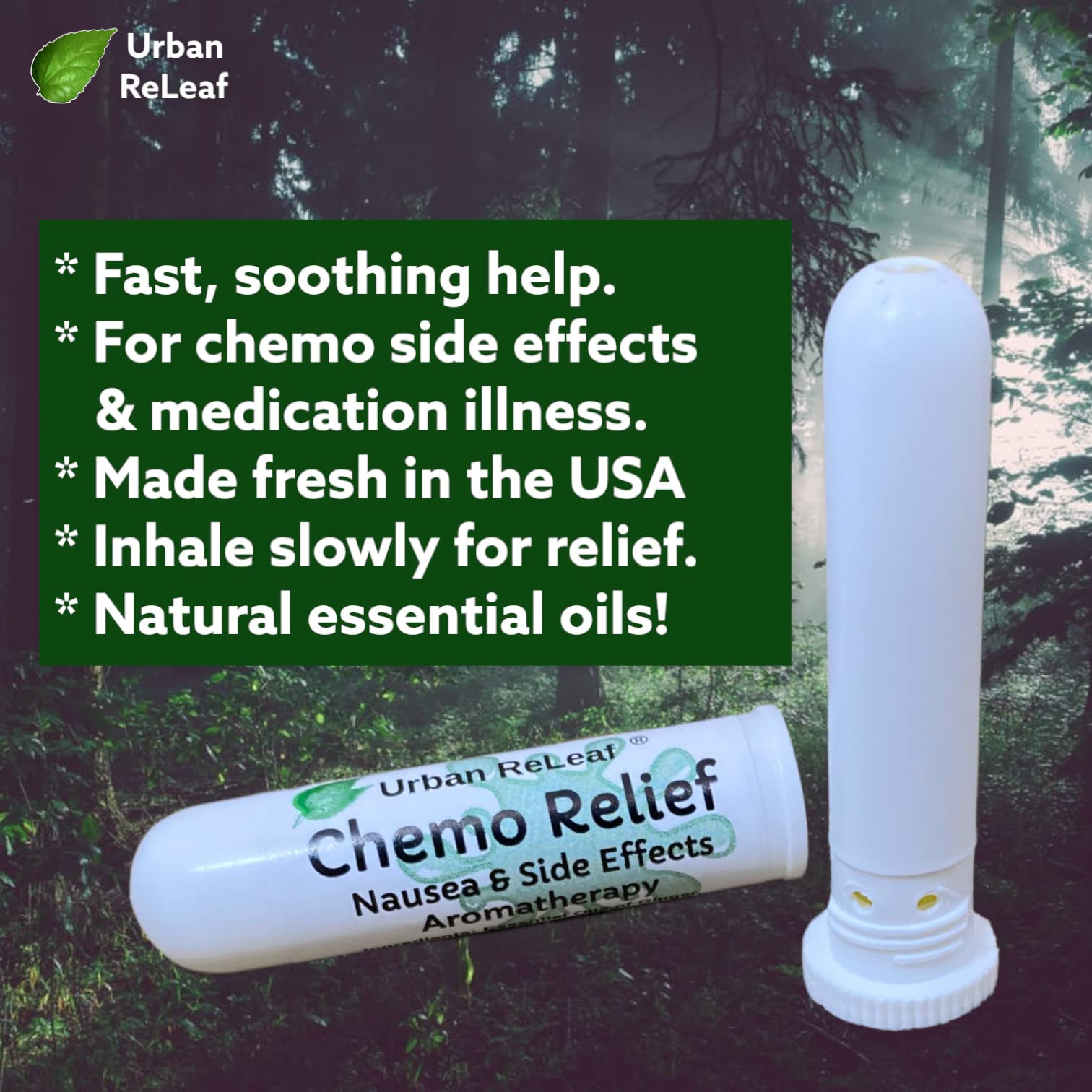 Urban ReLeaf Chemo Relief ingredients close-up highlighting natural essential oils for nausea support.