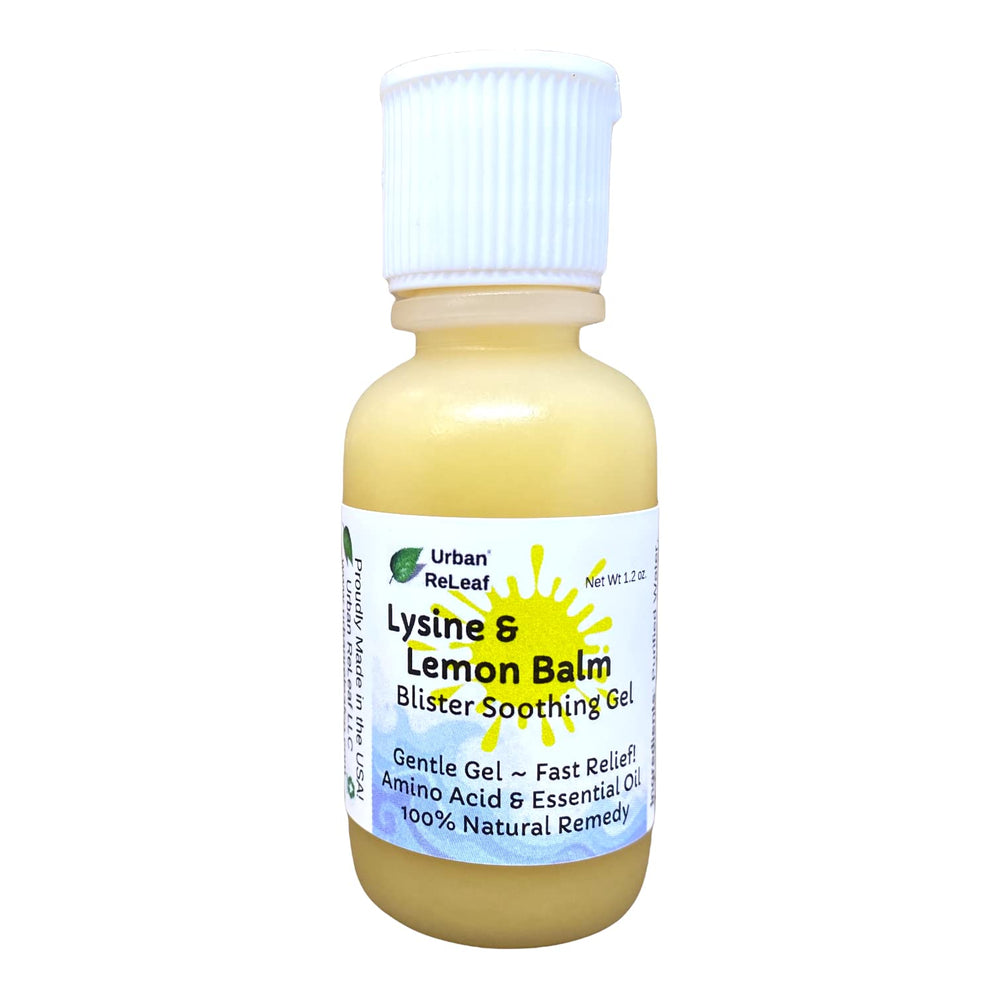 Urban ReLeaf Lysine & Lemon Balm Blister Gel bottle close-up shows fast-drying relief for irritated skin.