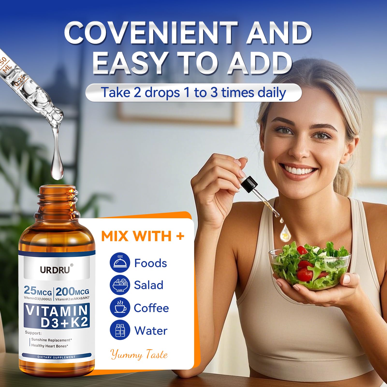 URDRU D3 K2 liquid drops bioavailability concept
