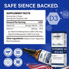 URDRU D3 K2 liquid drops non-GMO gluten-free label