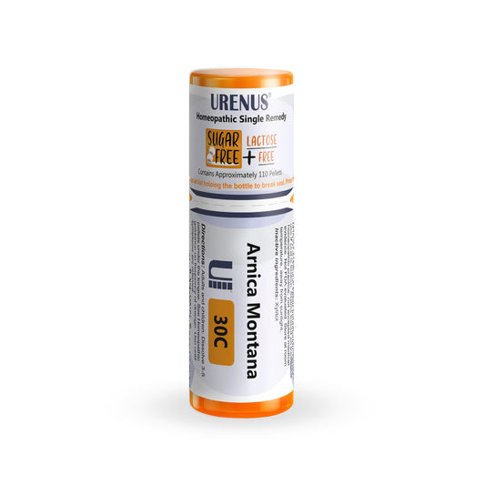 Front view of Urenus Arnica Montana 30C sugar-free lactose-free homeopathic remedy bottle