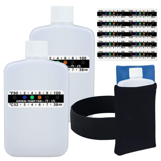Urine test kit with two white bottles and neoprene bag