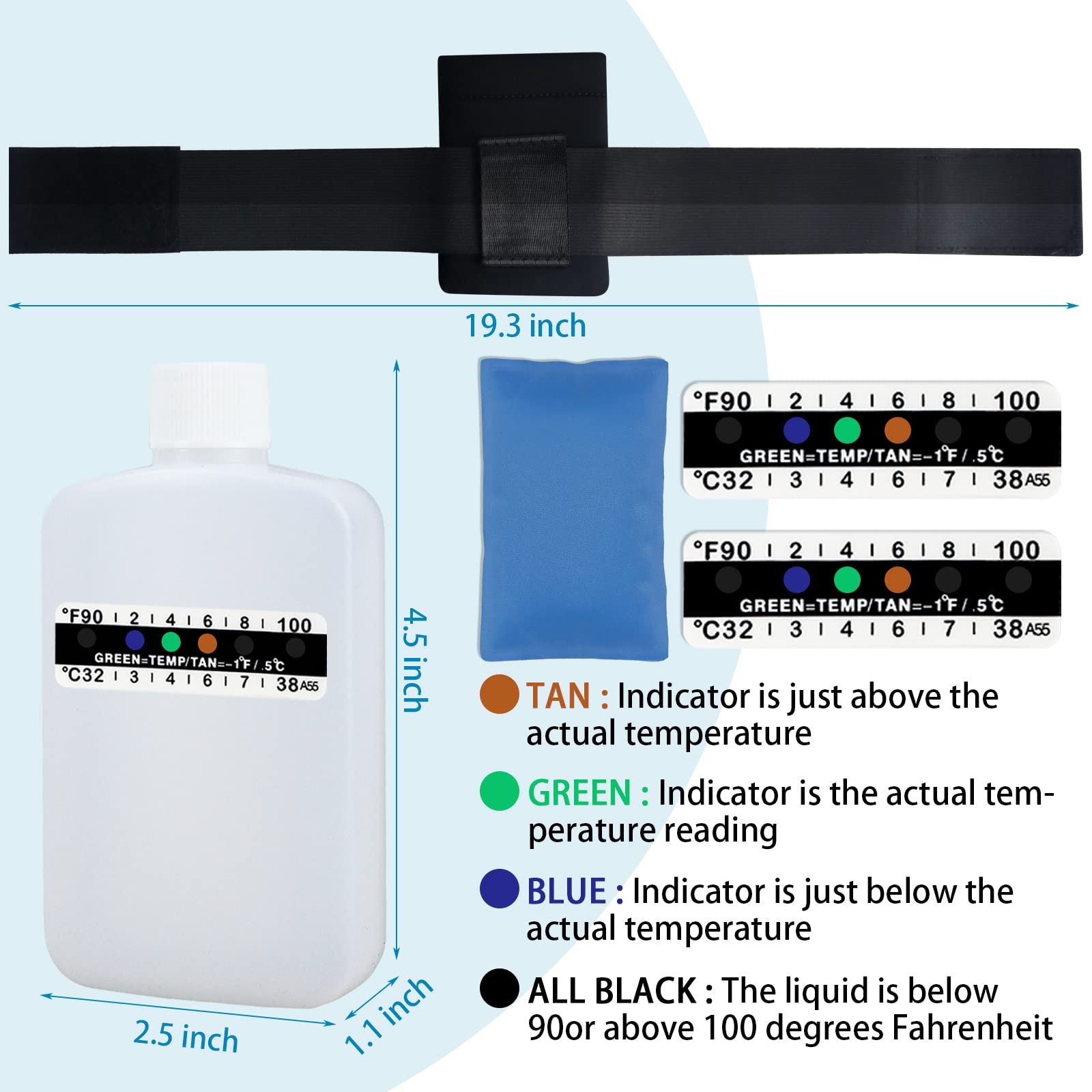 Two white portable urine bottles and temperature strips