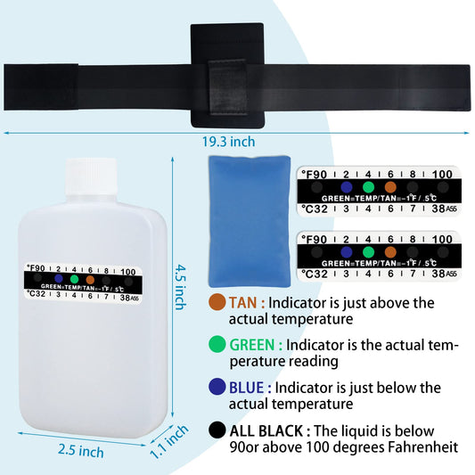 Two white portable urine bottles and temperature strips
