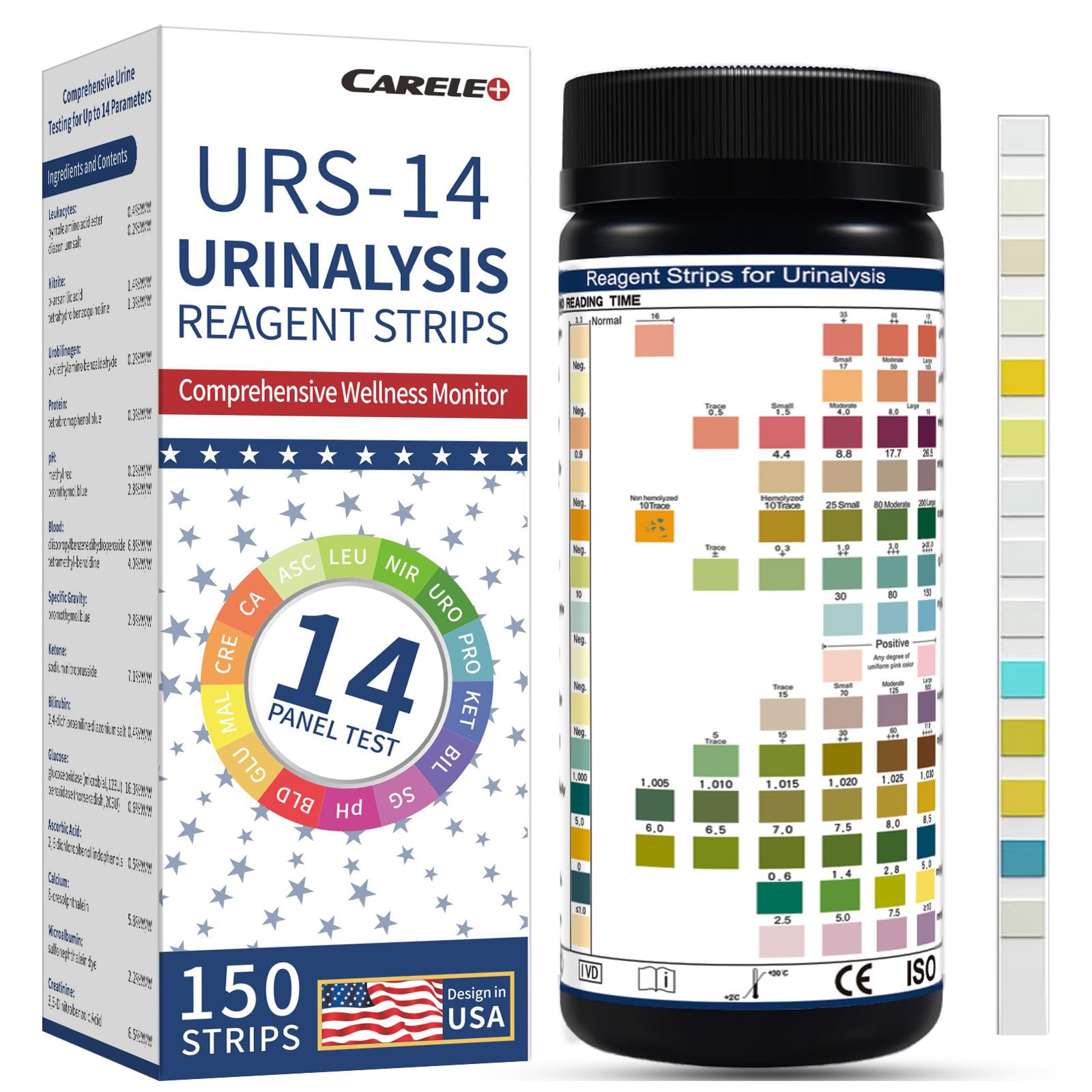 Front view of 150-count URS urine test strips packaging
