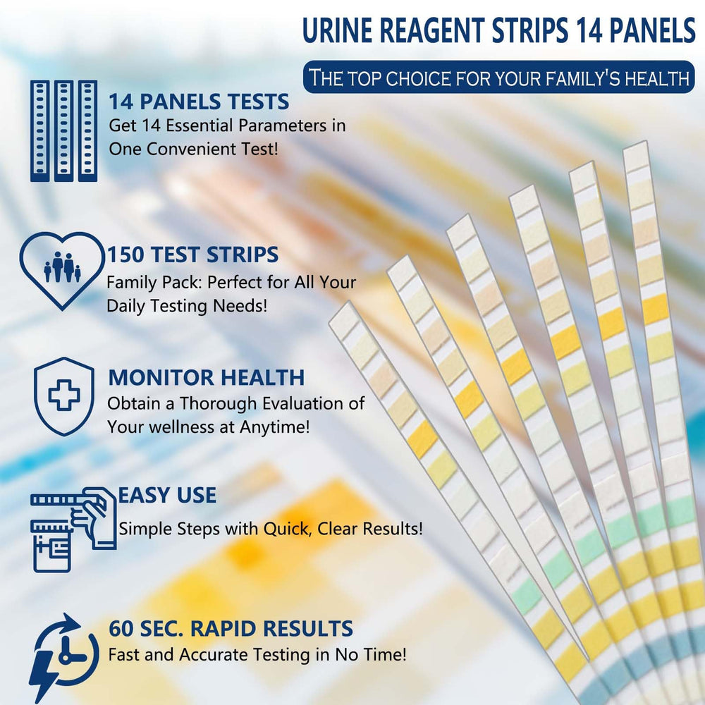 Close-up of urine test strip showing 14 parameter indicators