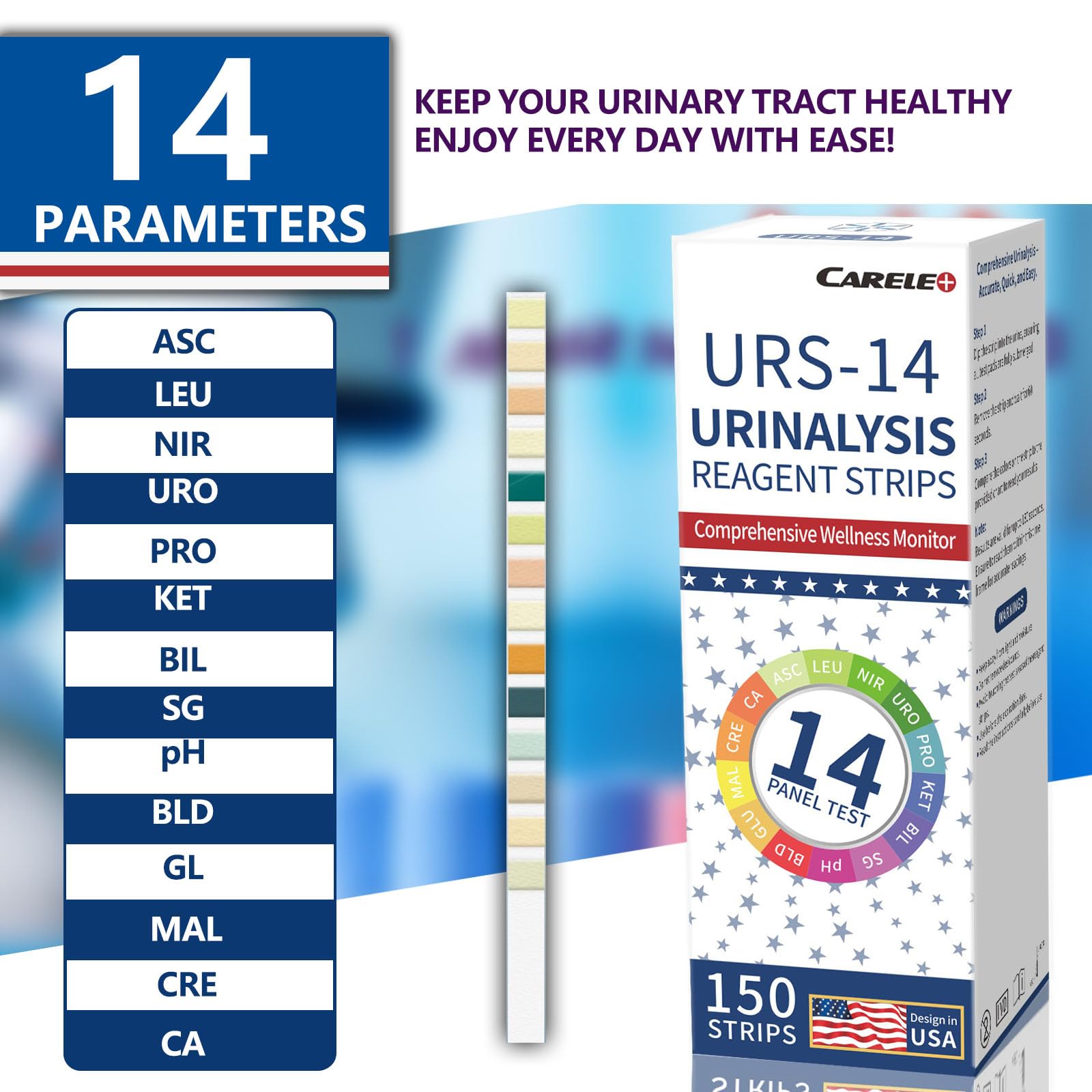 Test strip dipped in urine with color comparison chart