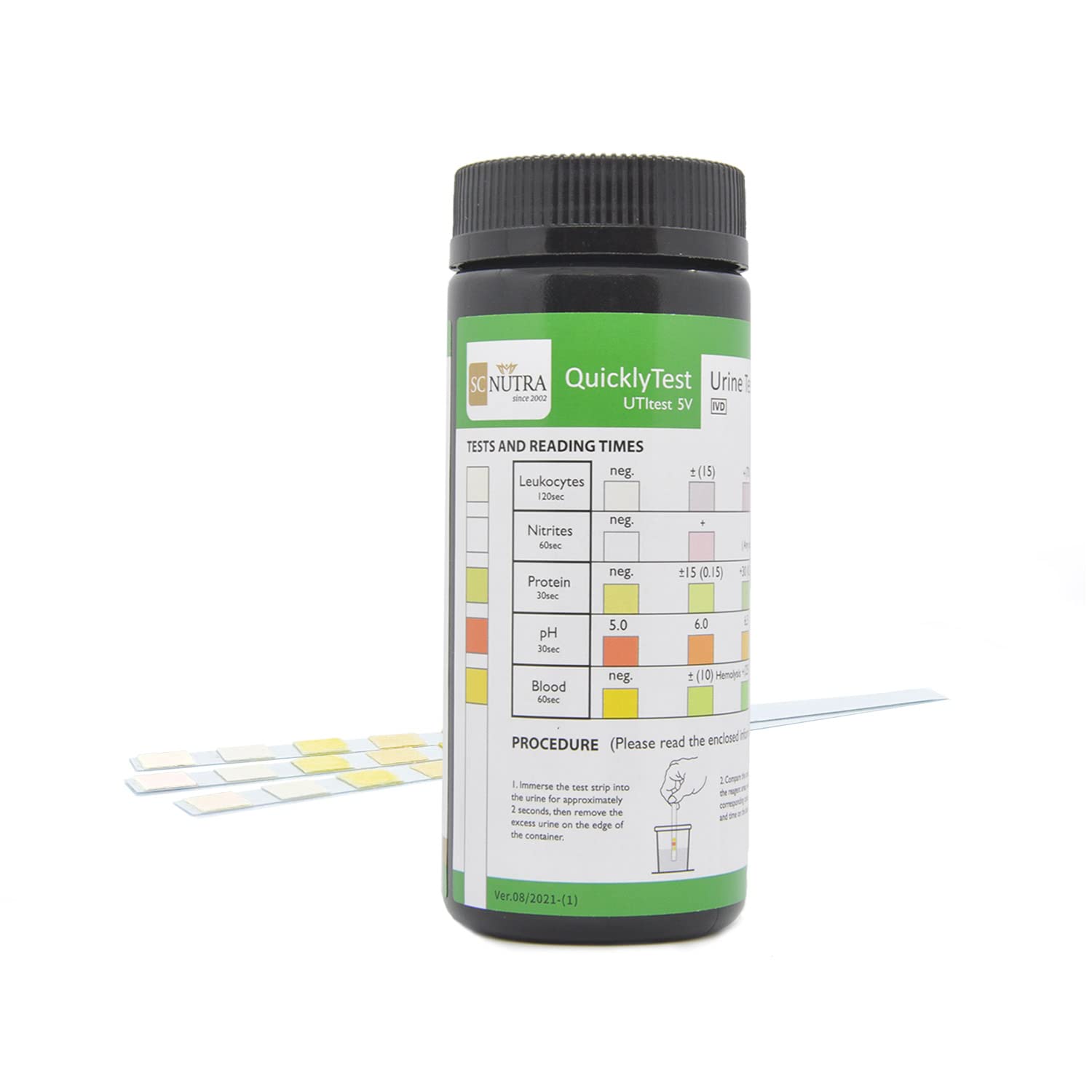 Close-up of urine test strip indicators (Leukocytes, Nitrites, Protein, pH, Blood)