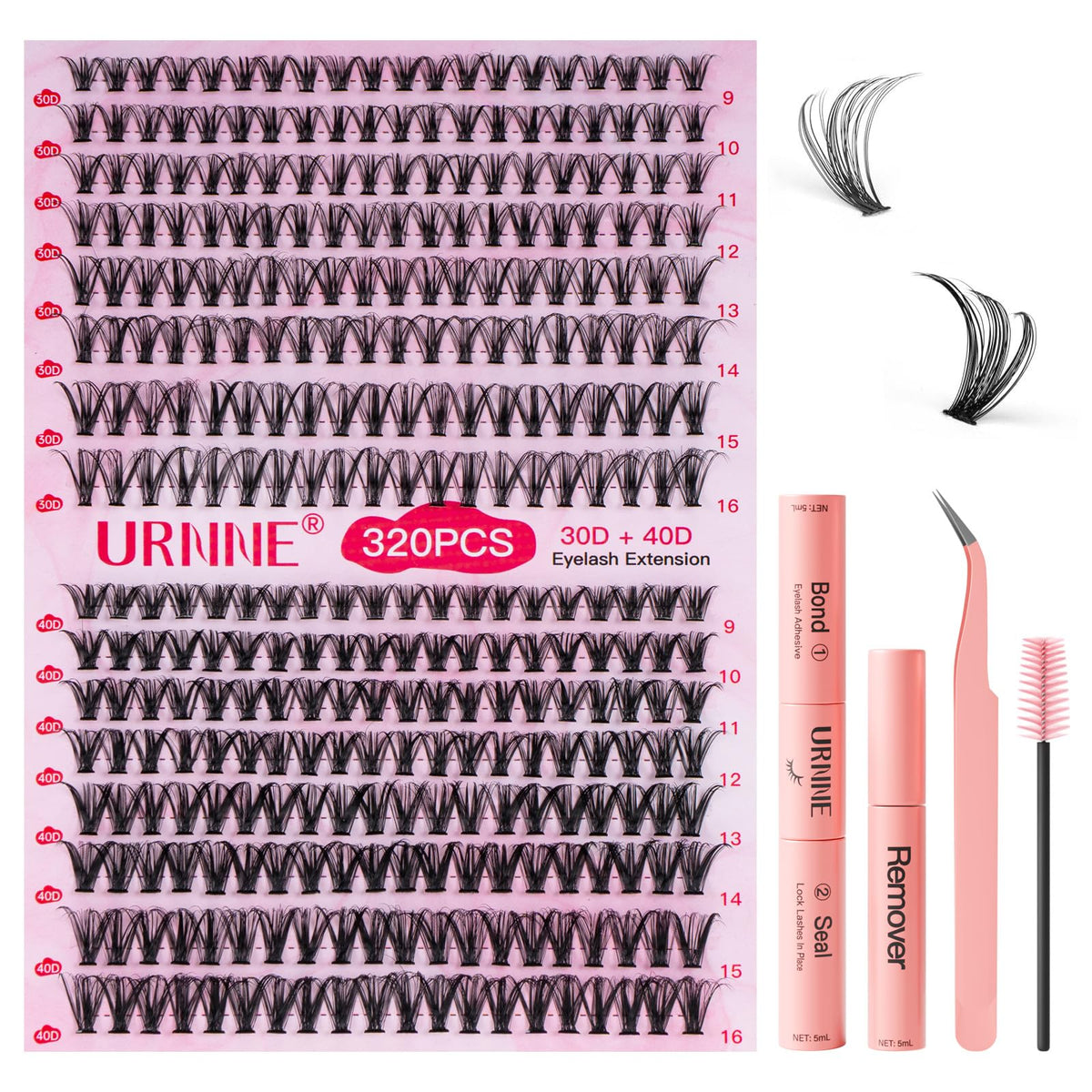 URNNE DIY lash extension kit contents for at-home use with all essential tools