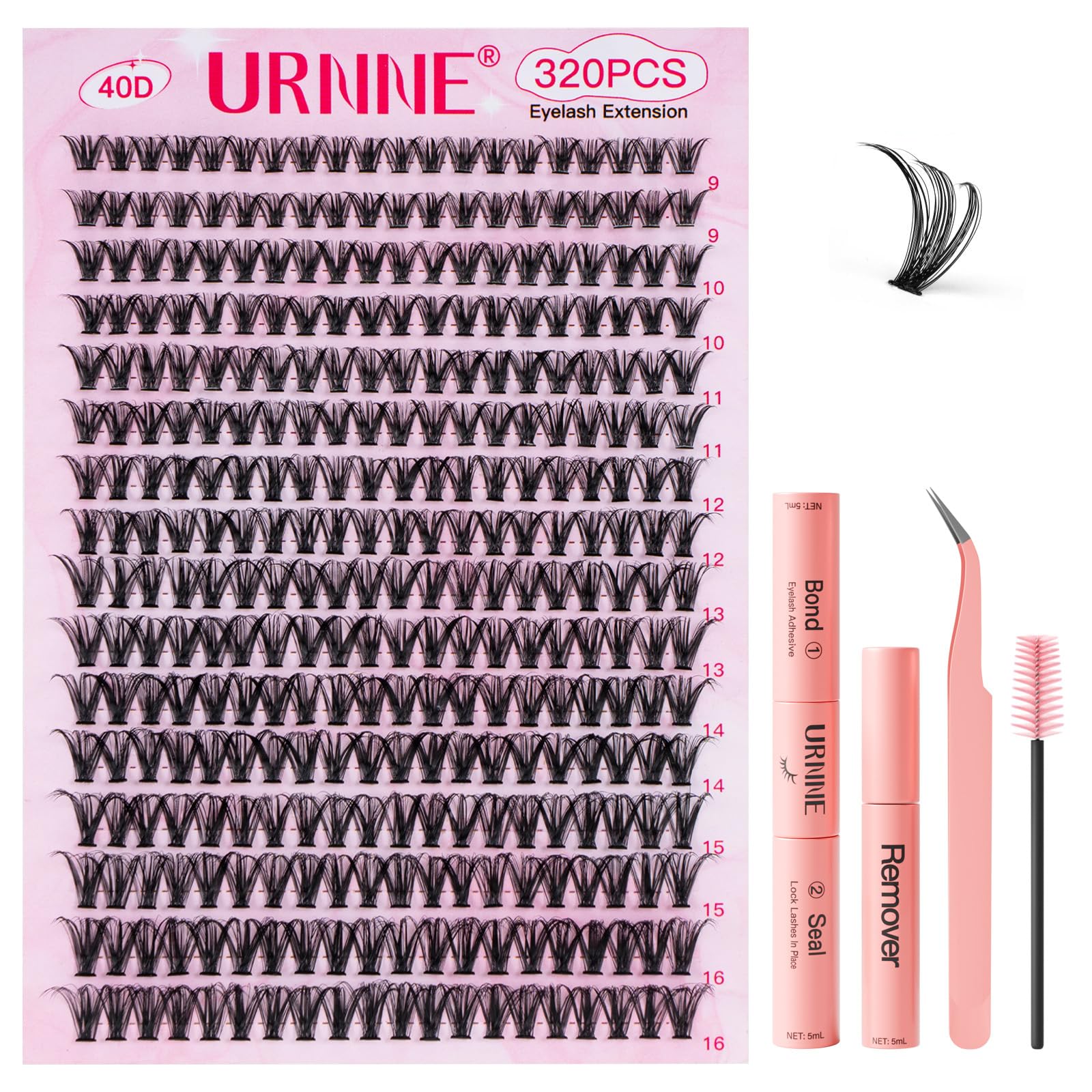 URNNE lash extension kit close-up of 320 clusters for at-home use.