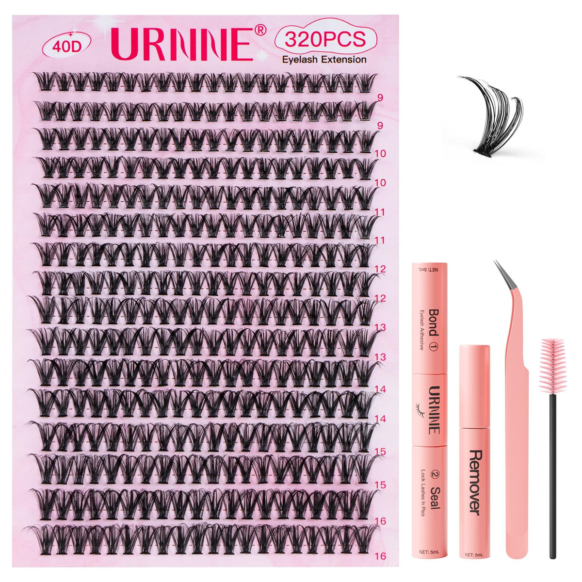 URNNE lash extension kit close-up of 320 clusters for at-home use.