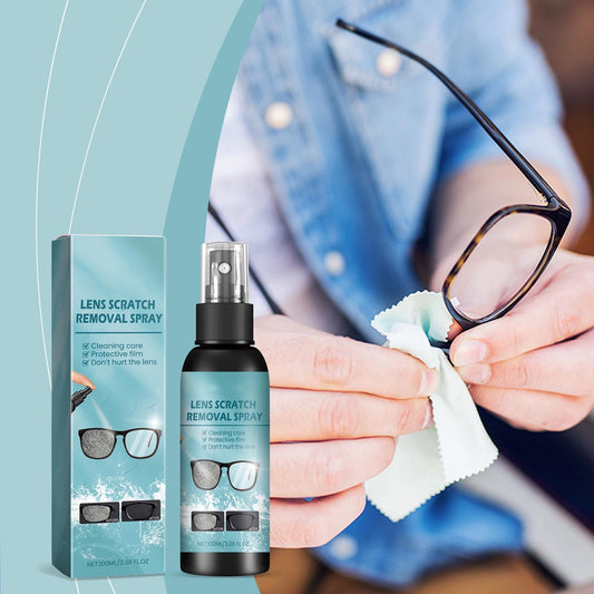 Compact pocket-size glasses cleaner spray on black surface