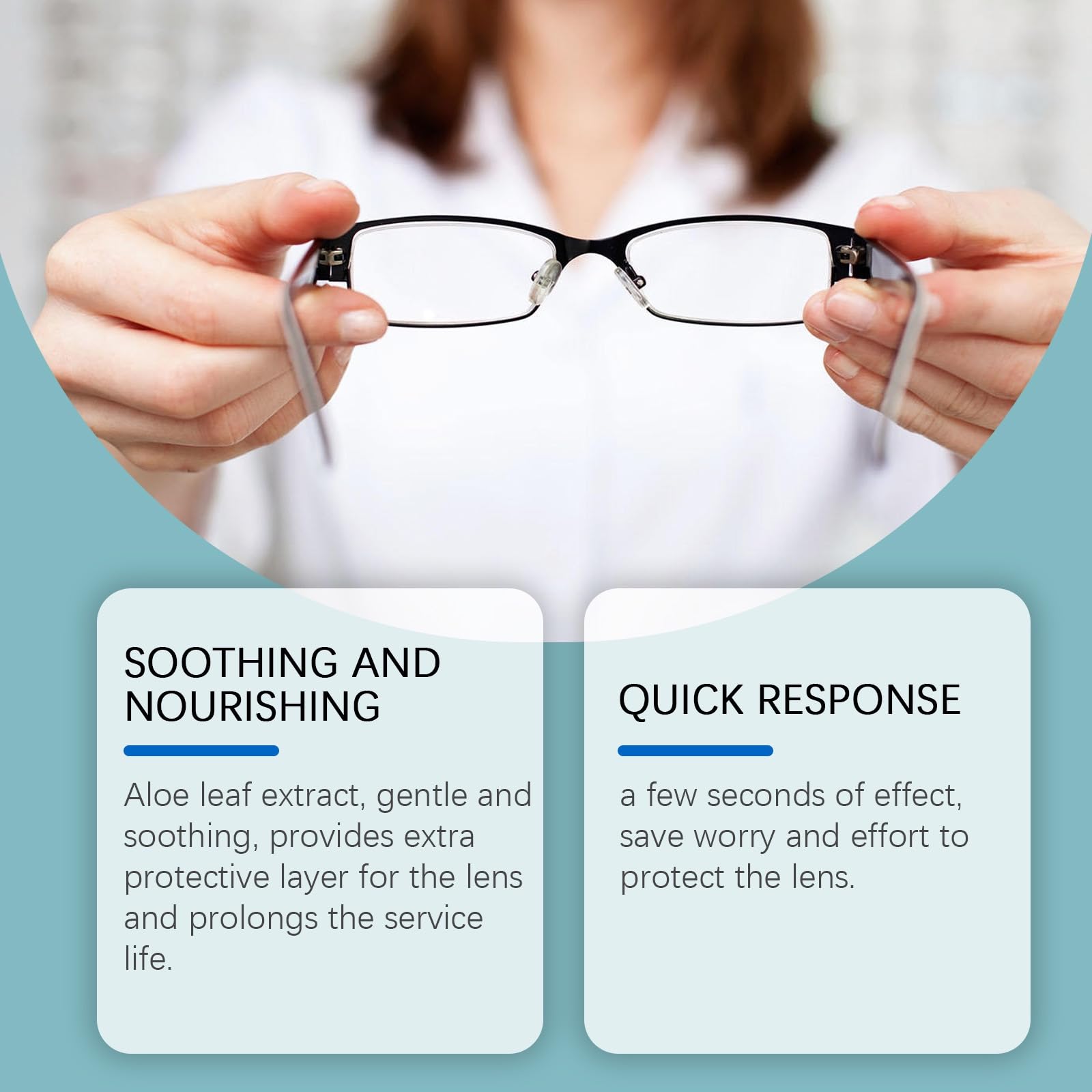 User applying spray to eyeglass lens