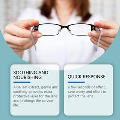 User applying spray to eyeglass lens