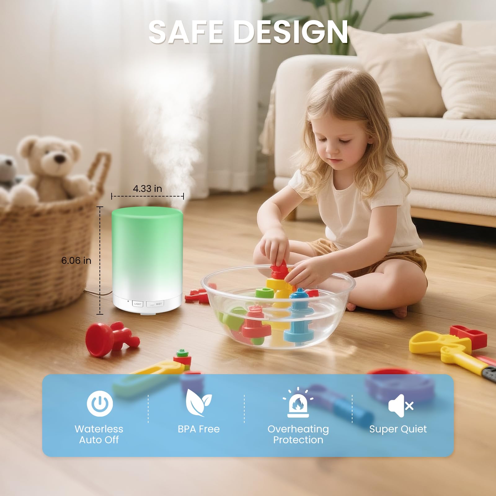 7 color-changing LED lights illuminating the diffuser