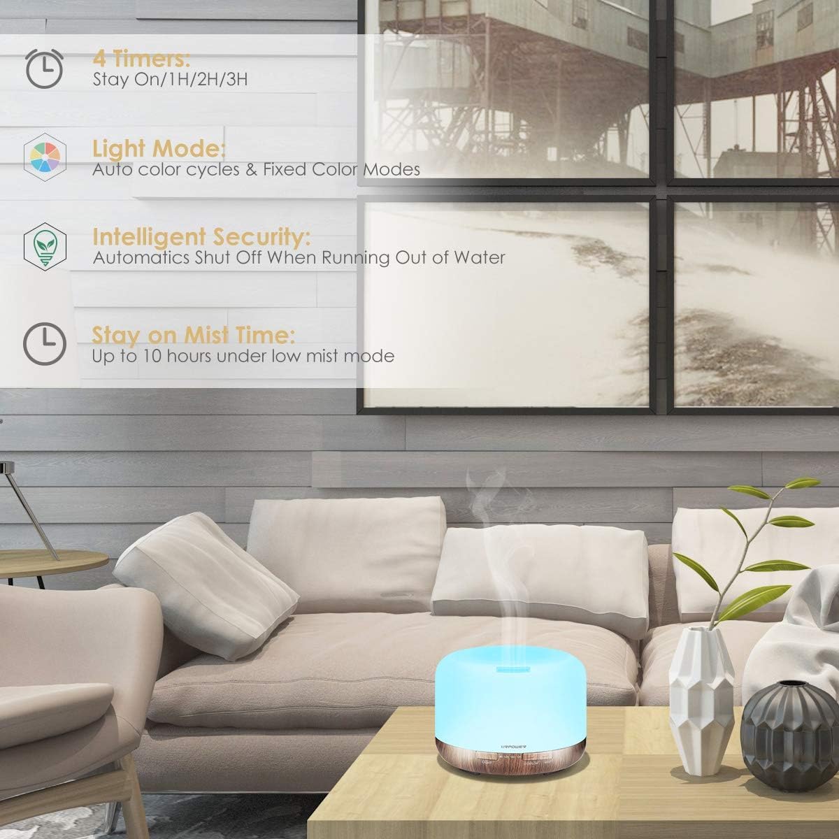 URPOWER diffuser showing four timer modes