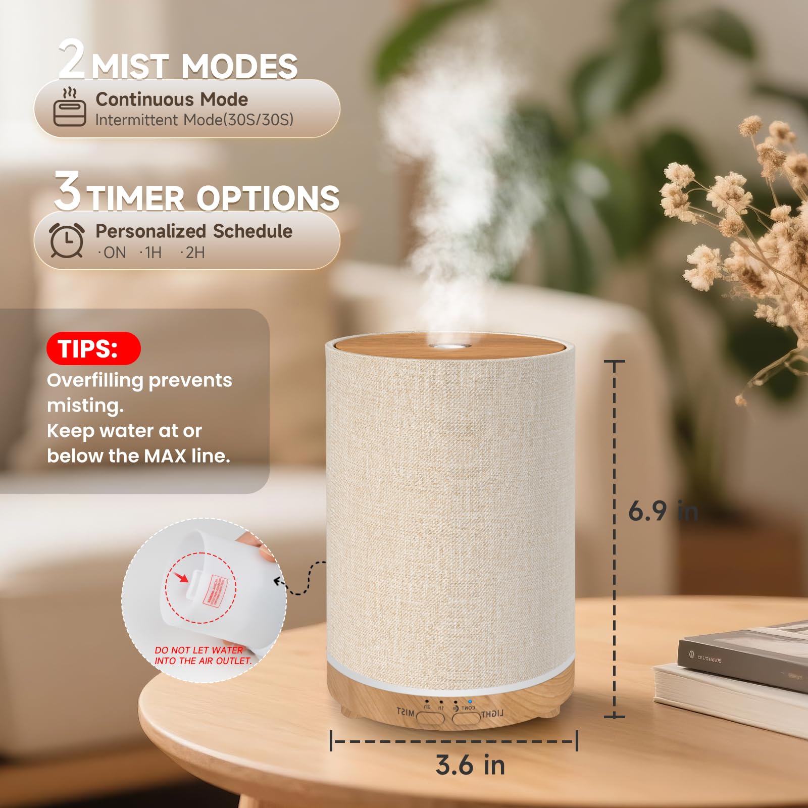 Diffuser with wood grain base and linen fabric cover