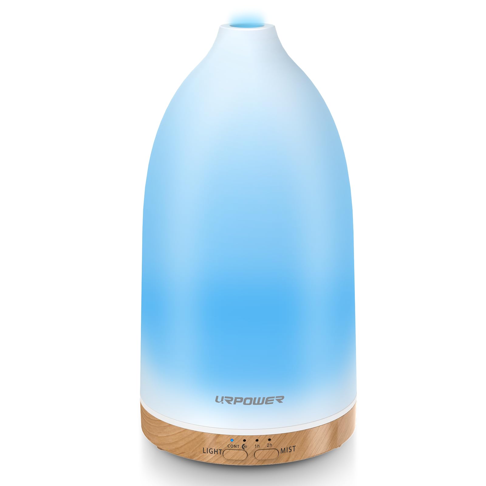 URPOWER Essential Oil Diffuser with 7 LED color lights and wood grain base.