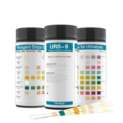 URS 9-in-1 Urine Test Strips kit box and 100-count tubes