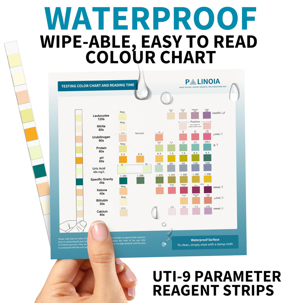 Close-up of a single test strip with color pads