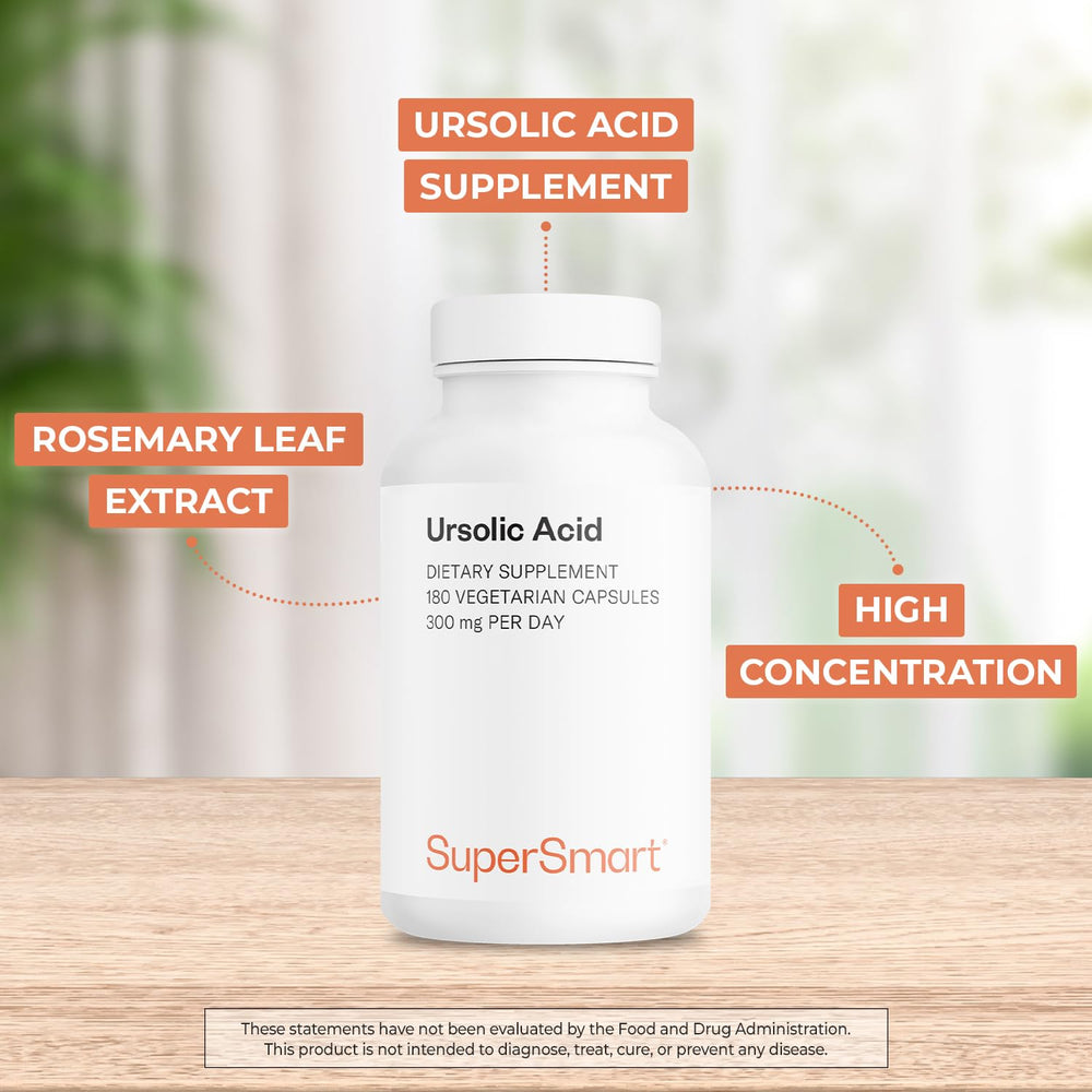 Ursolic acid capsules showing 6 capsules per day, 50 mg each