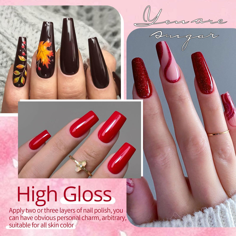 UR SUGAR burgundy red bottle emphasizes rich color for elegant manicures.
