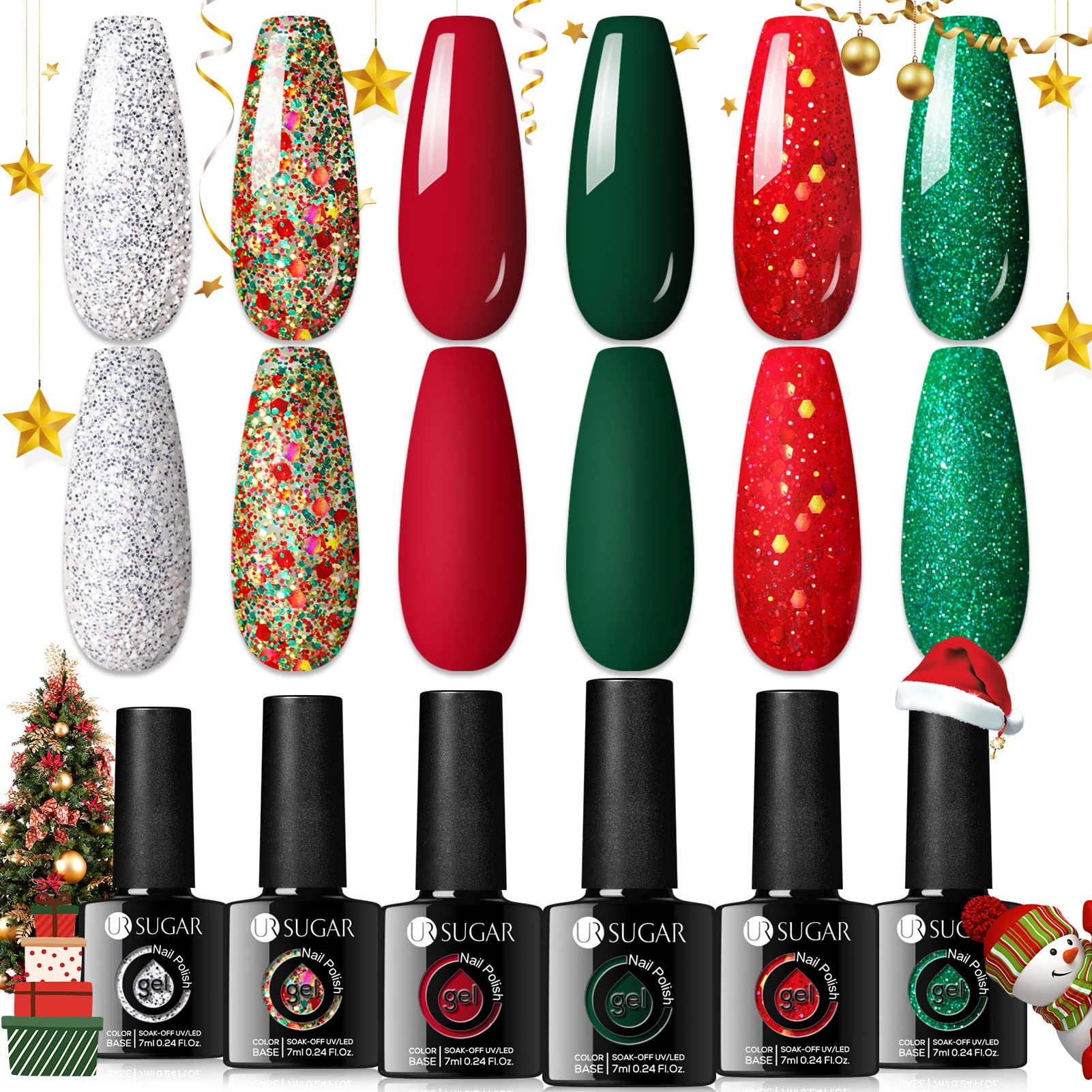 UR SUGAR Christmas gel polish Sparkle Green bottle for festive holiday manicure.