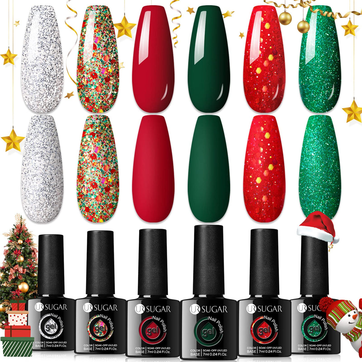 UR SUGAR Christmas gel polish Sparkle Green bottle for festive holiday manicure.