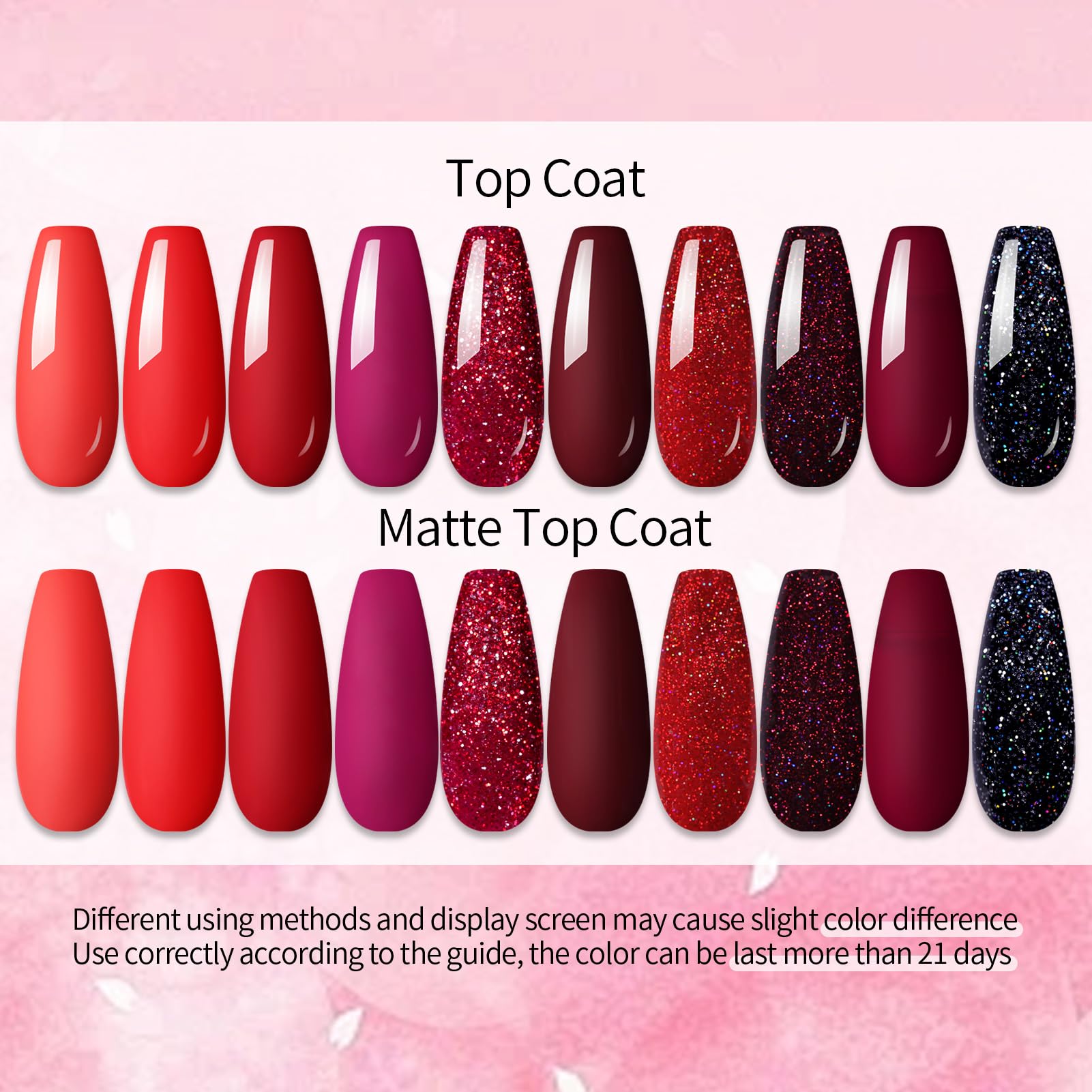 UR SUGAR red glitter bottle highlights sparkling finish for festive nail art.