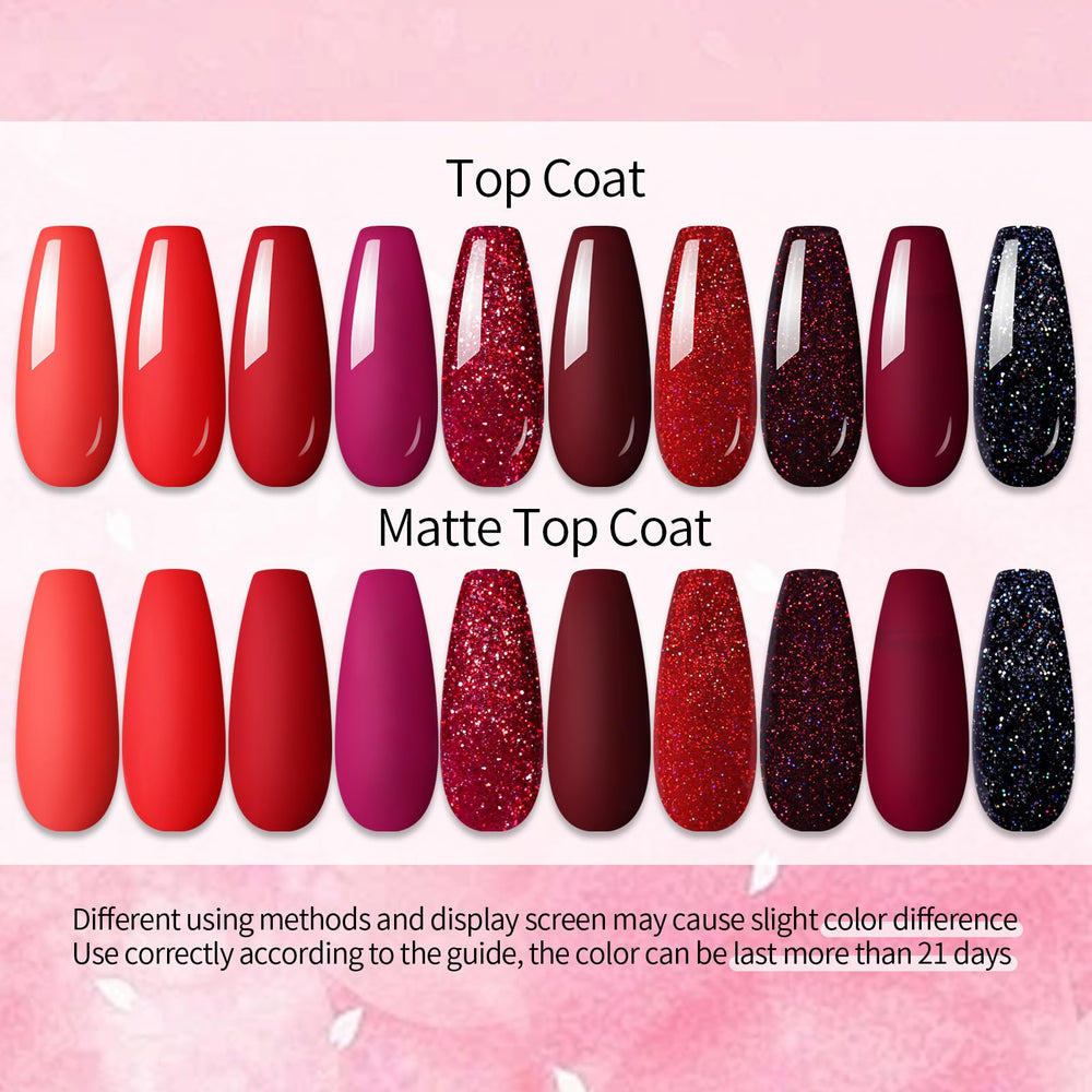 UR SUGAR red glitter bottle highlights sparkling finish for festive nail art.