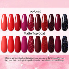 UR SUGAR red glitter bottle highlights sparkling finish for festive nail art.