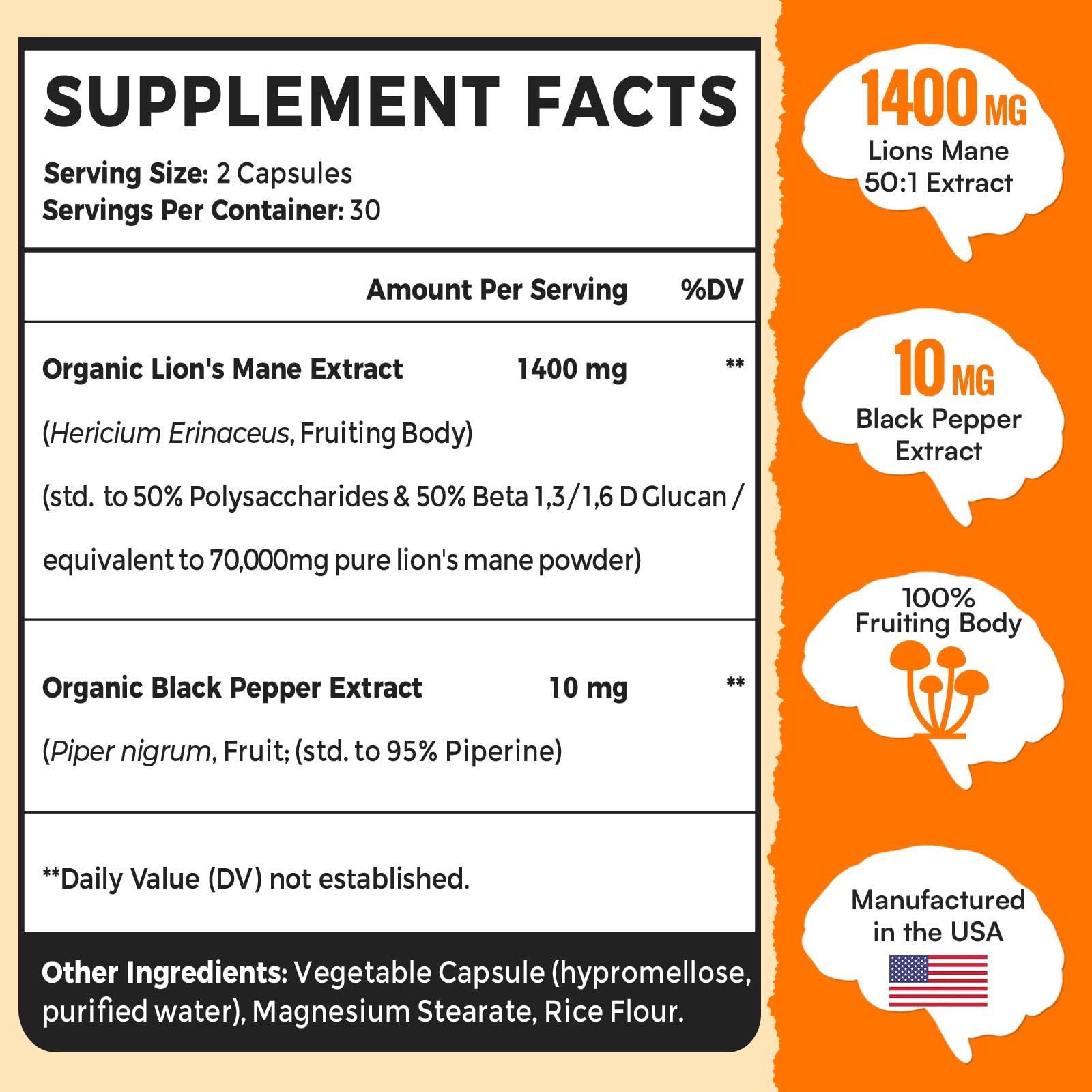 US-made, gluten-free vegan Lions Mane capsules on white background